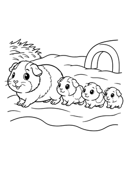 Free printable Mother Guinea Pig With Three Babies coloring page