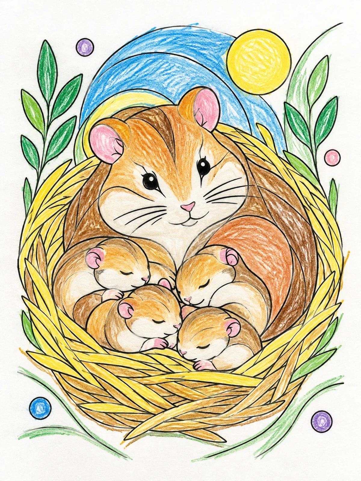 Colored example of the Mother Hamster With Sleeping Pups In Nest coloring page