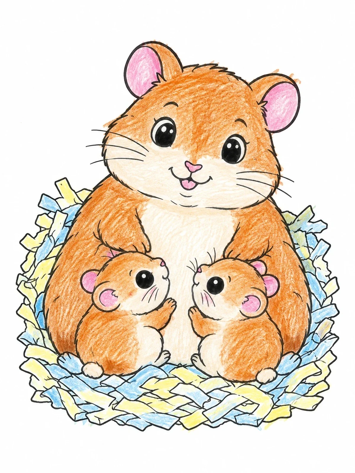 Colored example of the Mother Hamster With Two Babies coloring page
