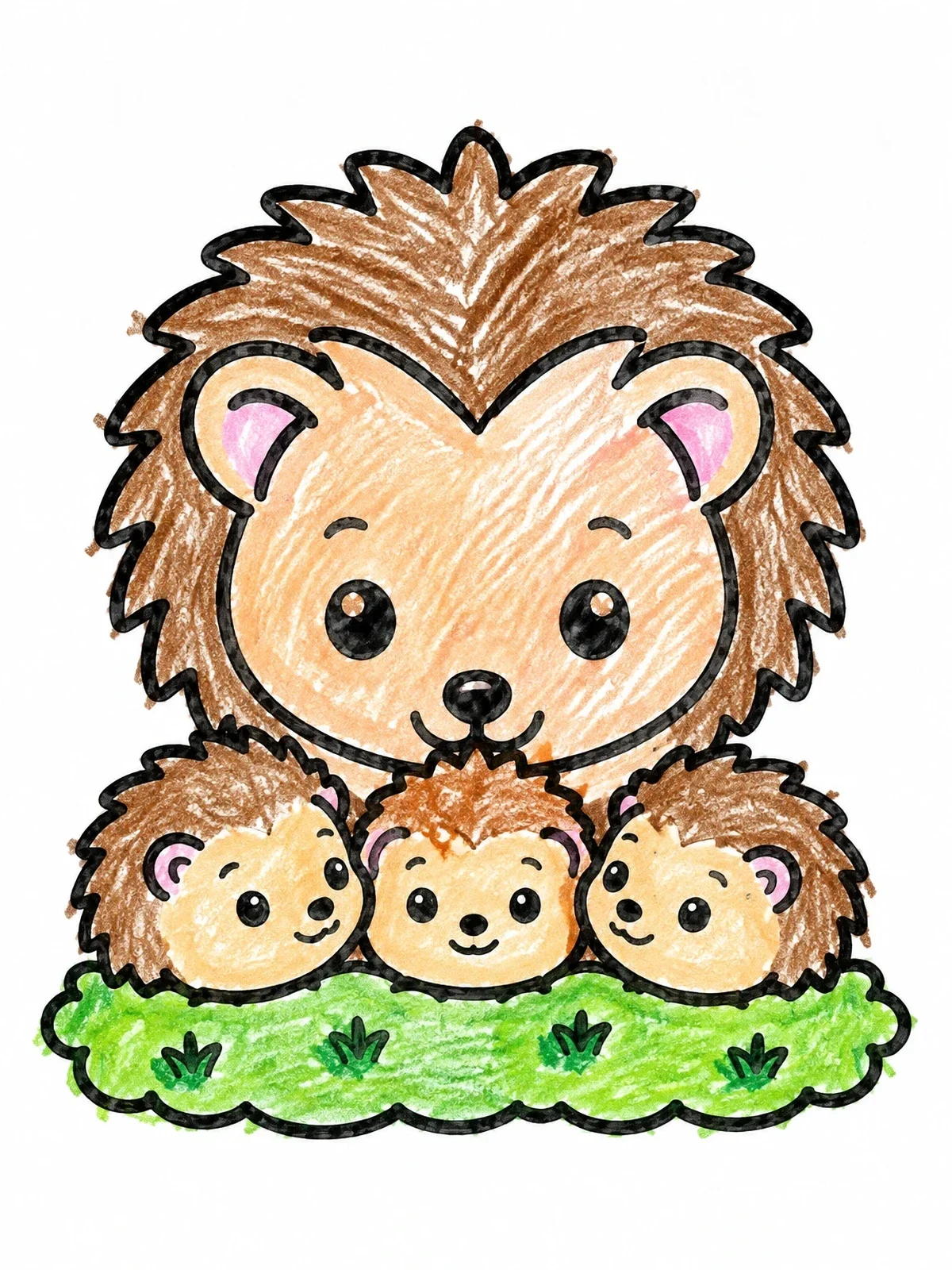 Colored example of the Mother Hedgehog And Her Babies coloring page