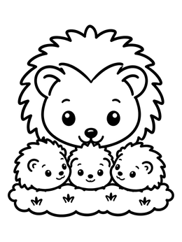 A sweet hedgehog coloring page featuring a mother hedgehog smiling behind three tiny hoglets.
