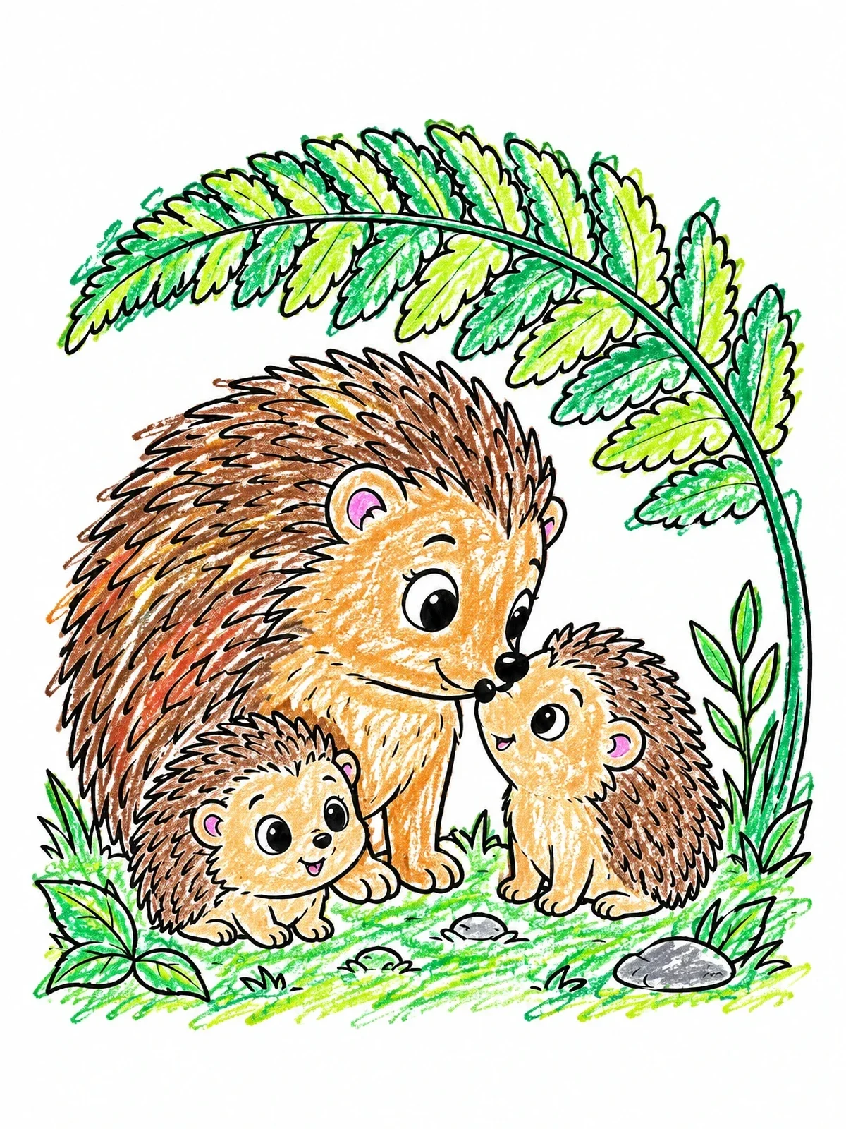 Colored example of the Mother Hedgehog And Cute Hoglets Under Fern coloring page