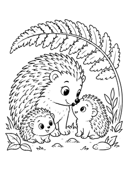 A mother hedgehog nuzzles her hoglet under a fern in this hedgehog coloring page.