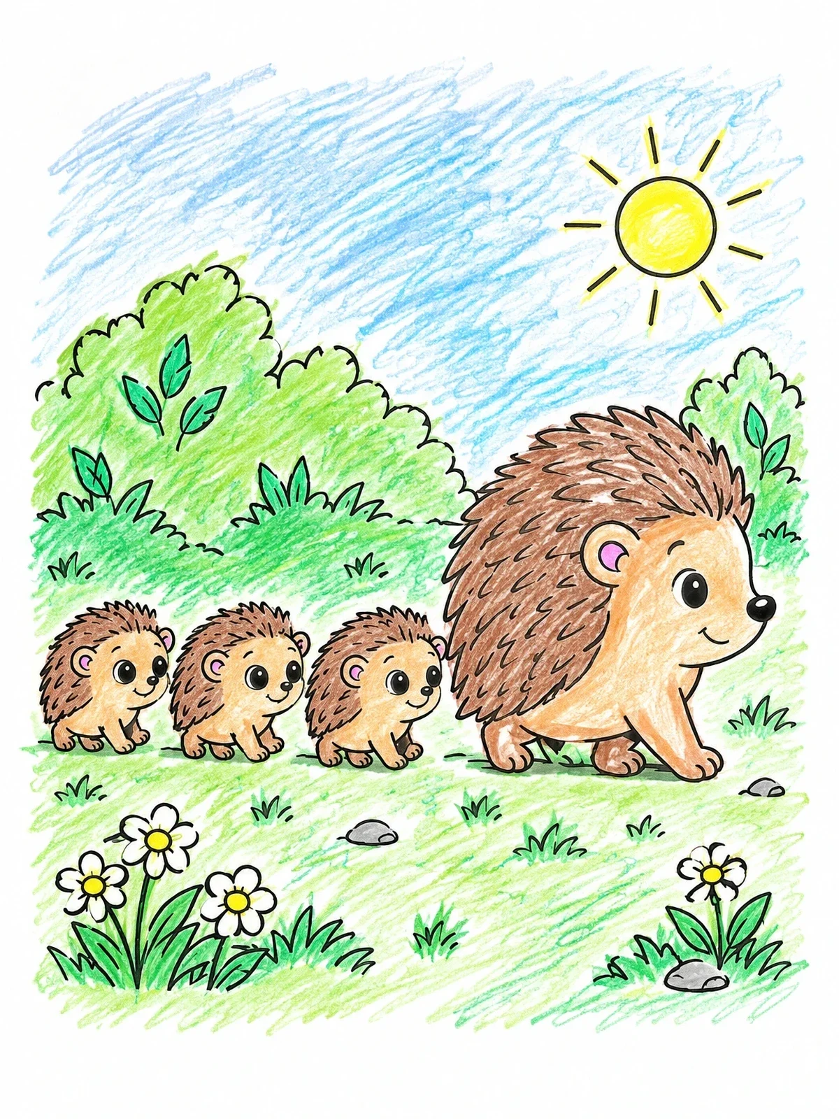 Colored example of the Mother Hedgehog Leading Cute Hoglets coloring page