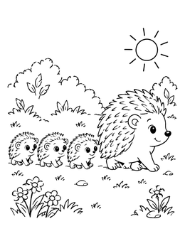 A sweet hedgehog coloring page showing a mother leading three tiny babies in a sunny field.