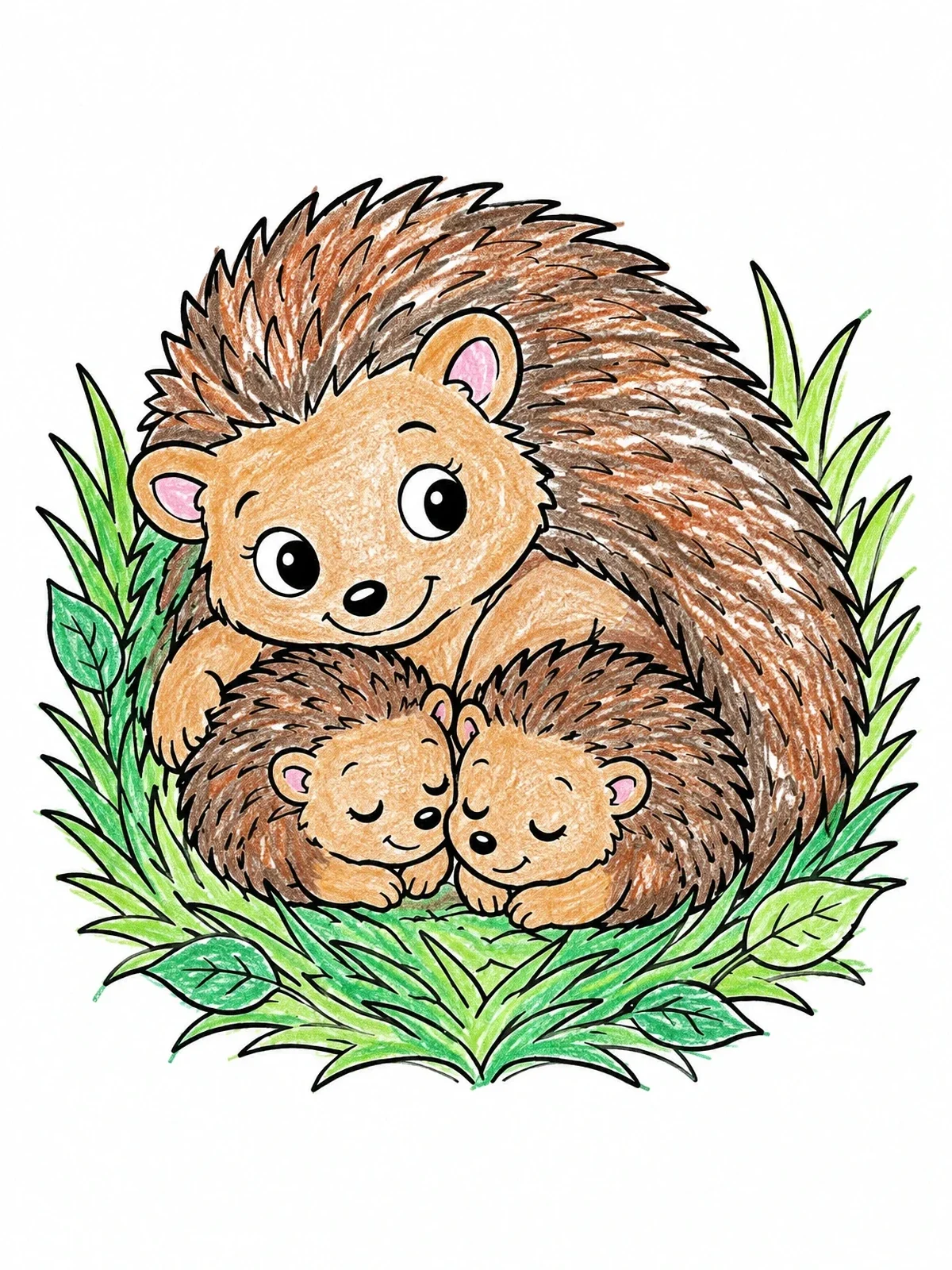 Colored example of the Mother Hedgehog And Sleeping Babies coloring page