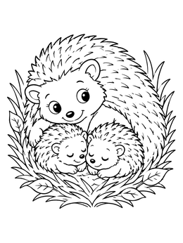 A mother hedgehog watches over her hoglets in this hedgehog coloring page.