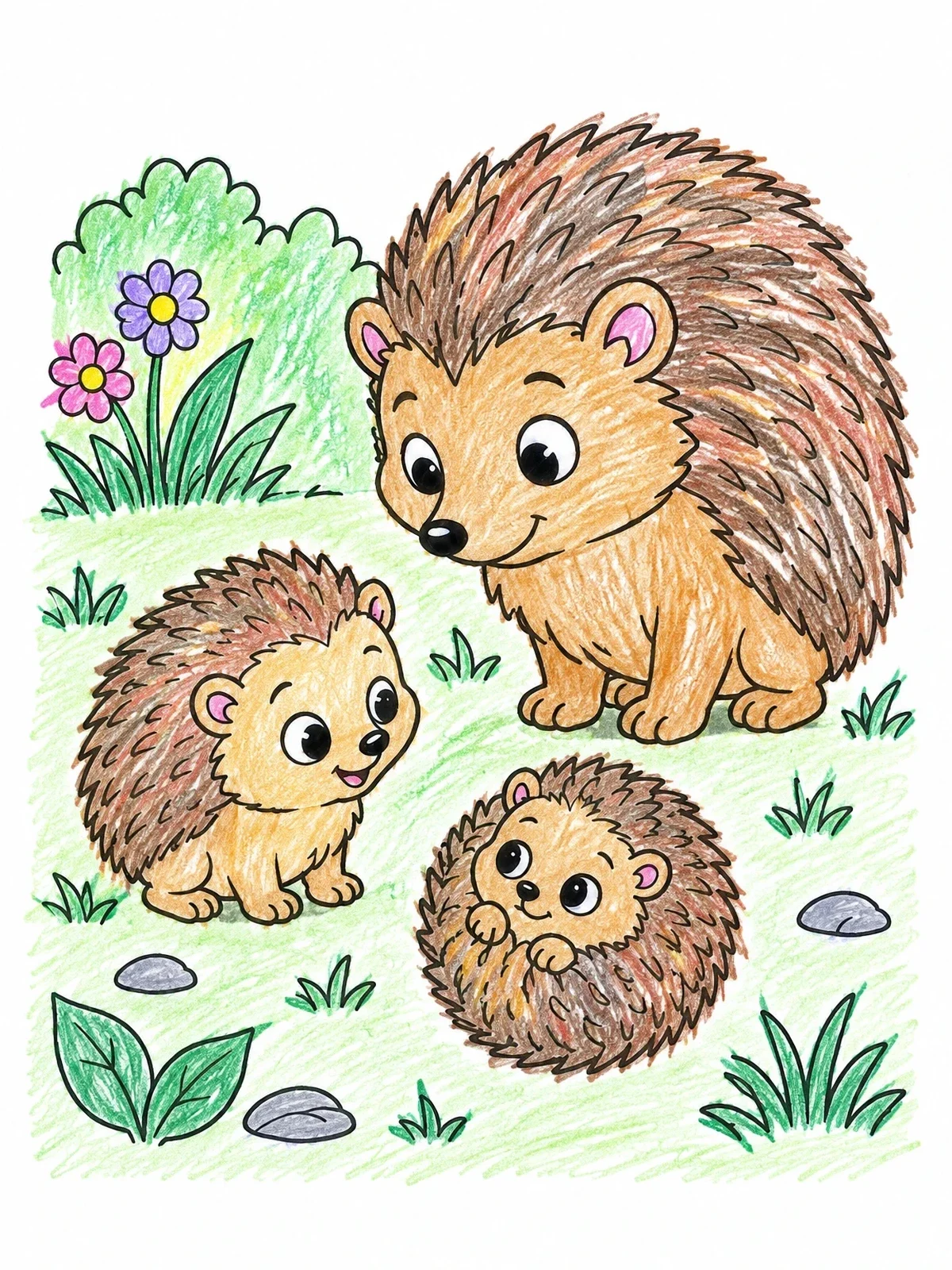 Colored example of the Mother Hedgehog With Playful Hoglets coloring page