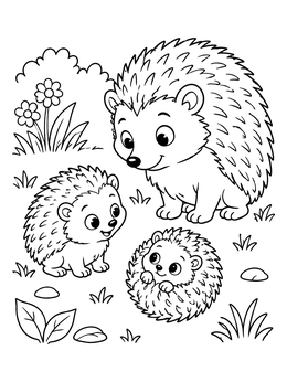 A mother hedgehog with her two babies in a meadow on this hedgehog coloring page.