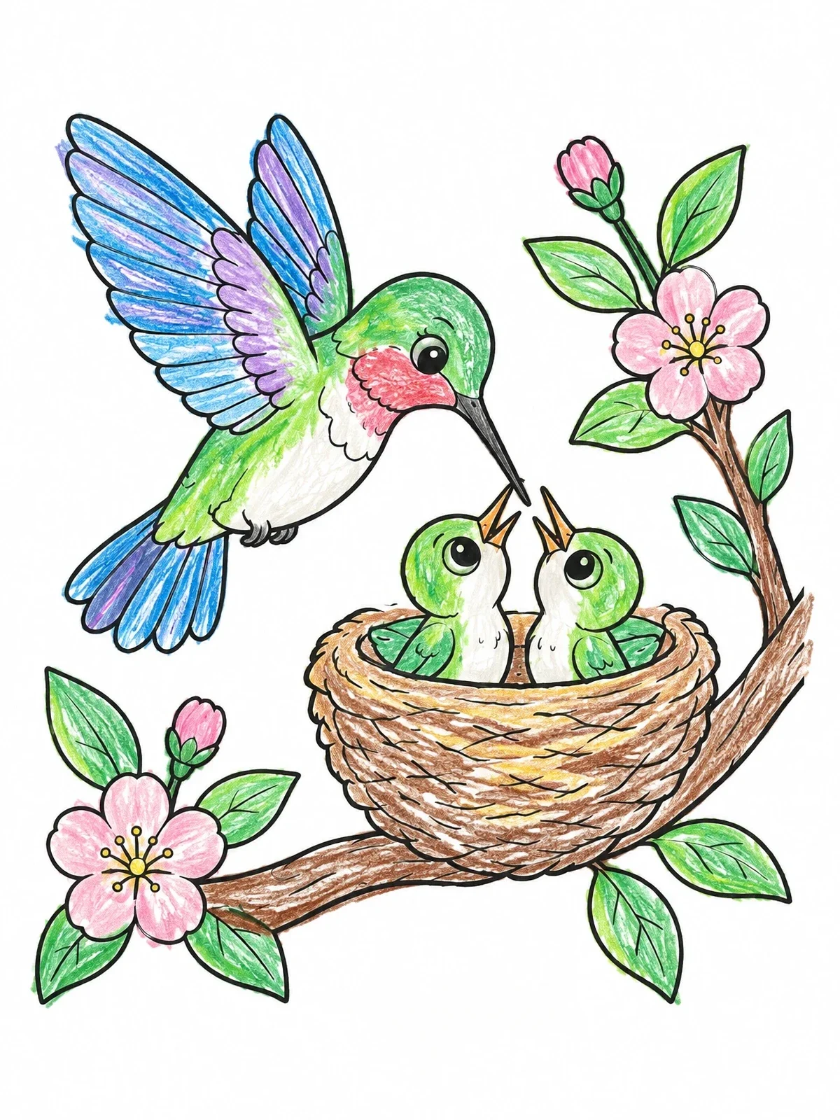 Colored example of the Mother Hummingbird Feeding Chicks In Nest coloring page