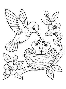 Free printable Mother Hummingbird Feeding Chicks In Nest coloring page
