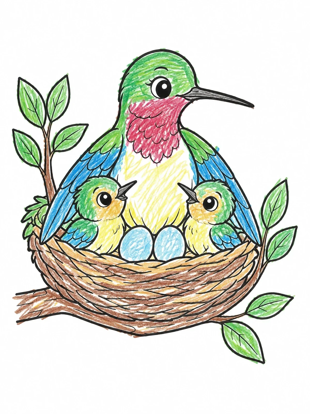 Colored example of the Mother Hummingbird In Nest With Chicks coloring page
