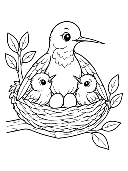 Free printable Mother Hummingbird In Nest With Chicks coloring page