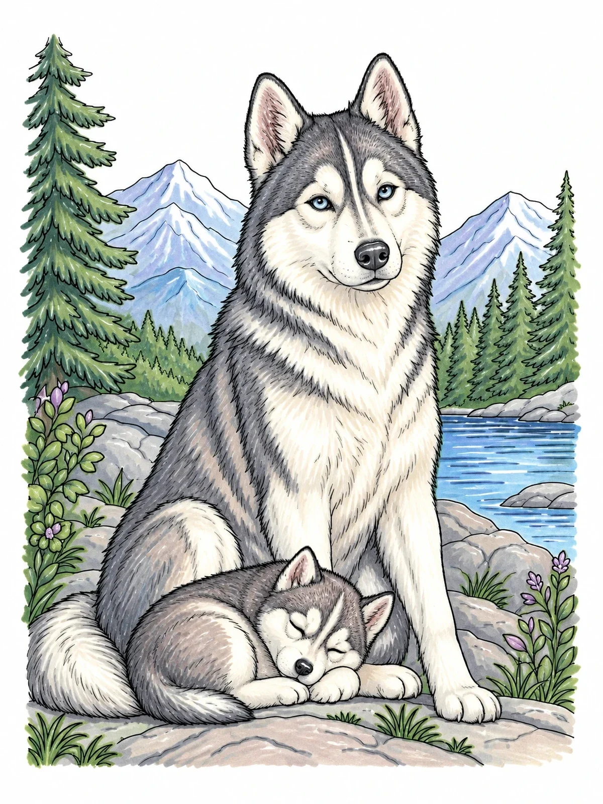 Colored example of the Mother Husky With Sleeping Puppy coloring page