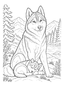 A detailed husky coloring page featuring a mother dog guarding her sleeping puppy in nature.