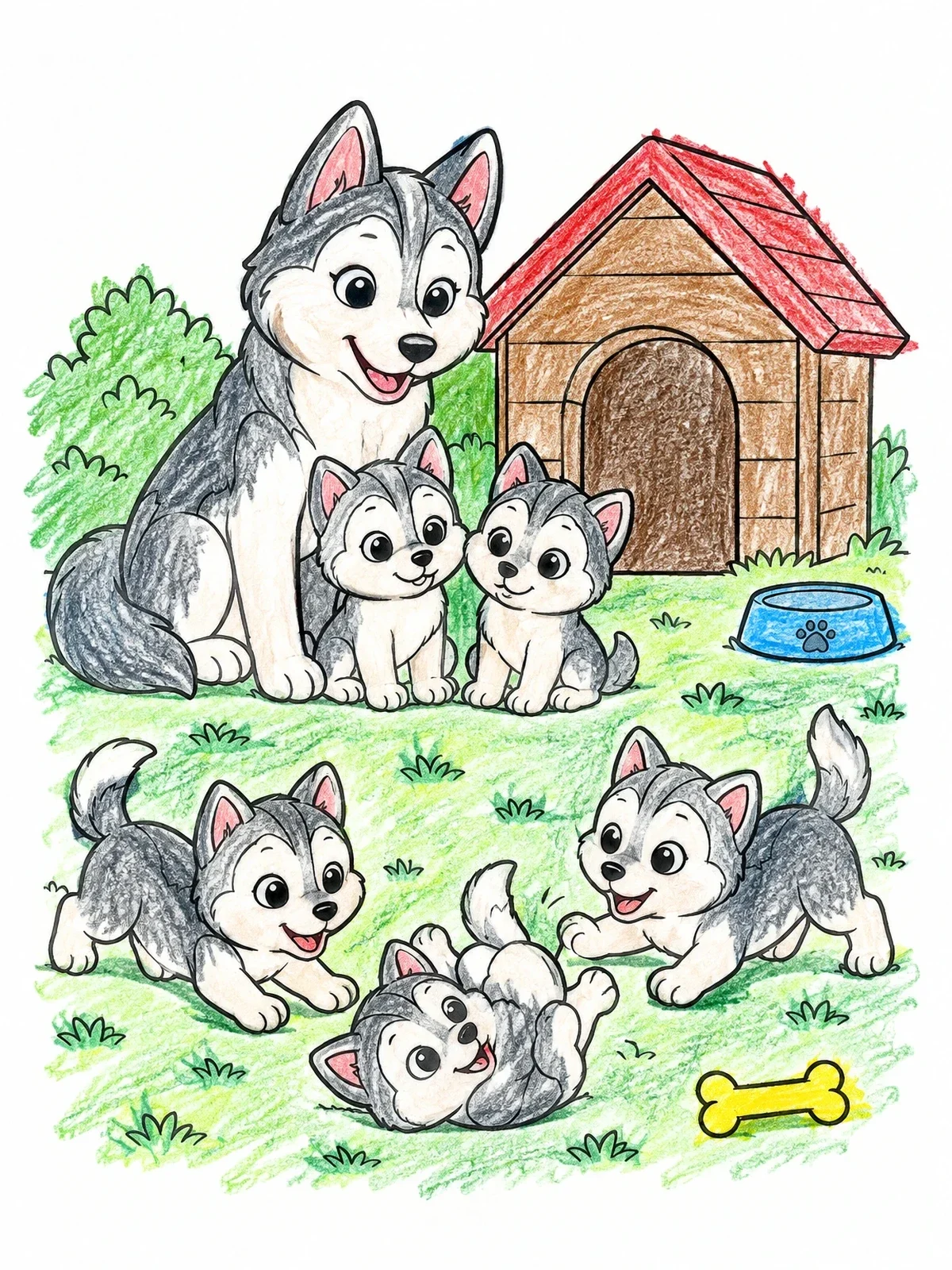 Colored example of the Mother Husky With Playful Puppies coloring page