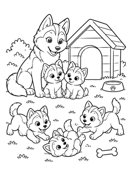 A mother husky and puppies playing outside on this husky coloring page.