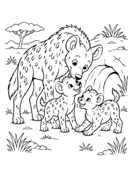 Free printable Mother Hyena With Playful Cubs coloring page