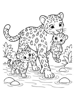 Free printable Mother Jaguar And Cubs In Stream coloring page
