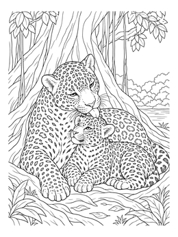 A detailed jaguar coloring page showing a mother licking her resting cub beneath large jungle tree roots.