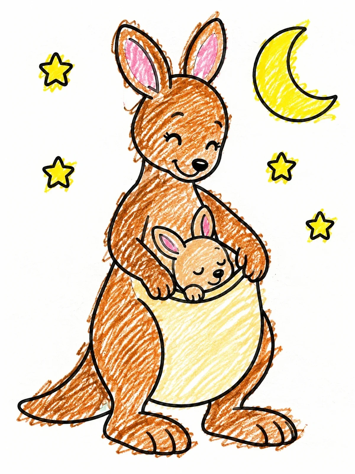 Colored example of the Mother Kangaroo And Sleeping Joey Under Moon coloring page