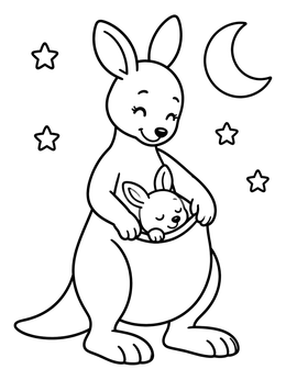 A sweet mother kangaroo coloring page featuring a sleeping joey in her pouch under the crescent moon and stars.