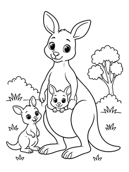 A sweet kangaroo coloring page featuring a mother kangaroo with a joey in her pouch and another standing nearby.