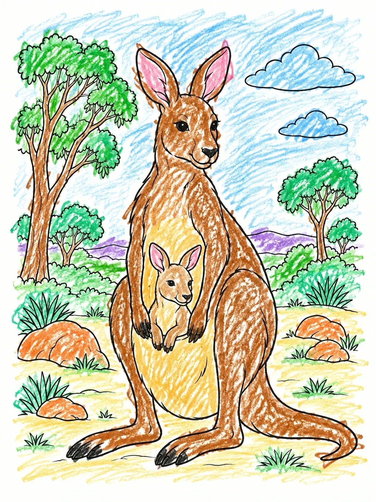 Colored example of the Mother Kangaroo With Joey In Outback coloring page