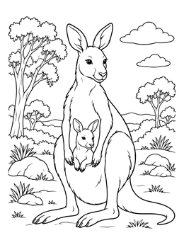 A kangaroo coloring page showing a mother kangaroo with her joey in the pouch outdoors.