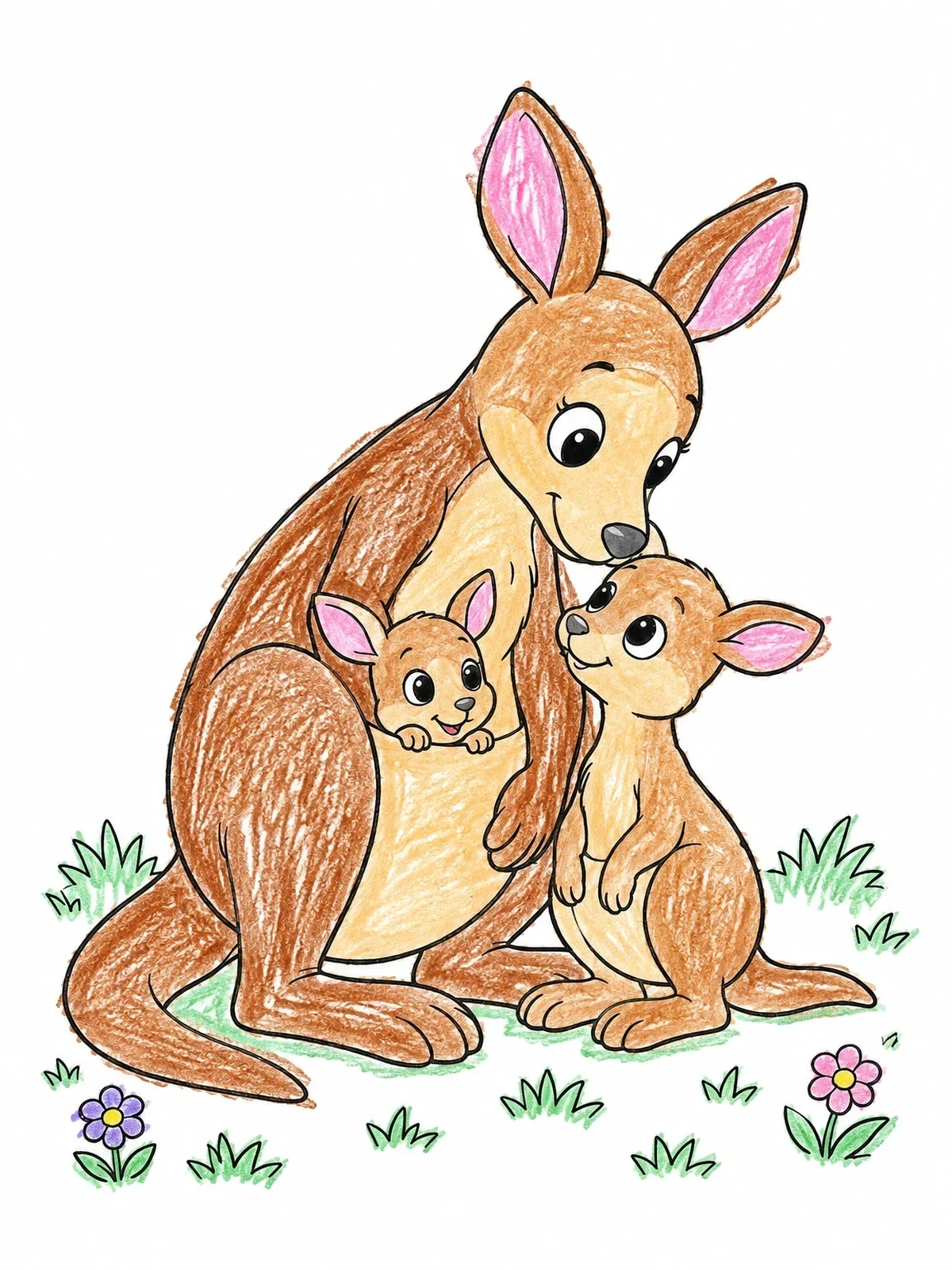 Colored example of the Mother Kangaroo With Two Joeys coloring page
