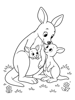A sweet mother kangaroo coloring page featuring a joey in her pouch and another standing beside her.