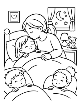 A mother gives a goodnight kiss in this bedtime coloring page with three sleeping children.
