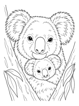 A detailed koala coloring page featuring a mother koala with her joey nestled safely in a tree.