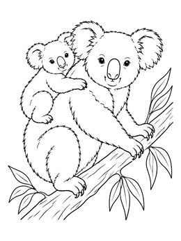 A sweet mother koala coloring page with a fluffy joey resting on her back in a tree.