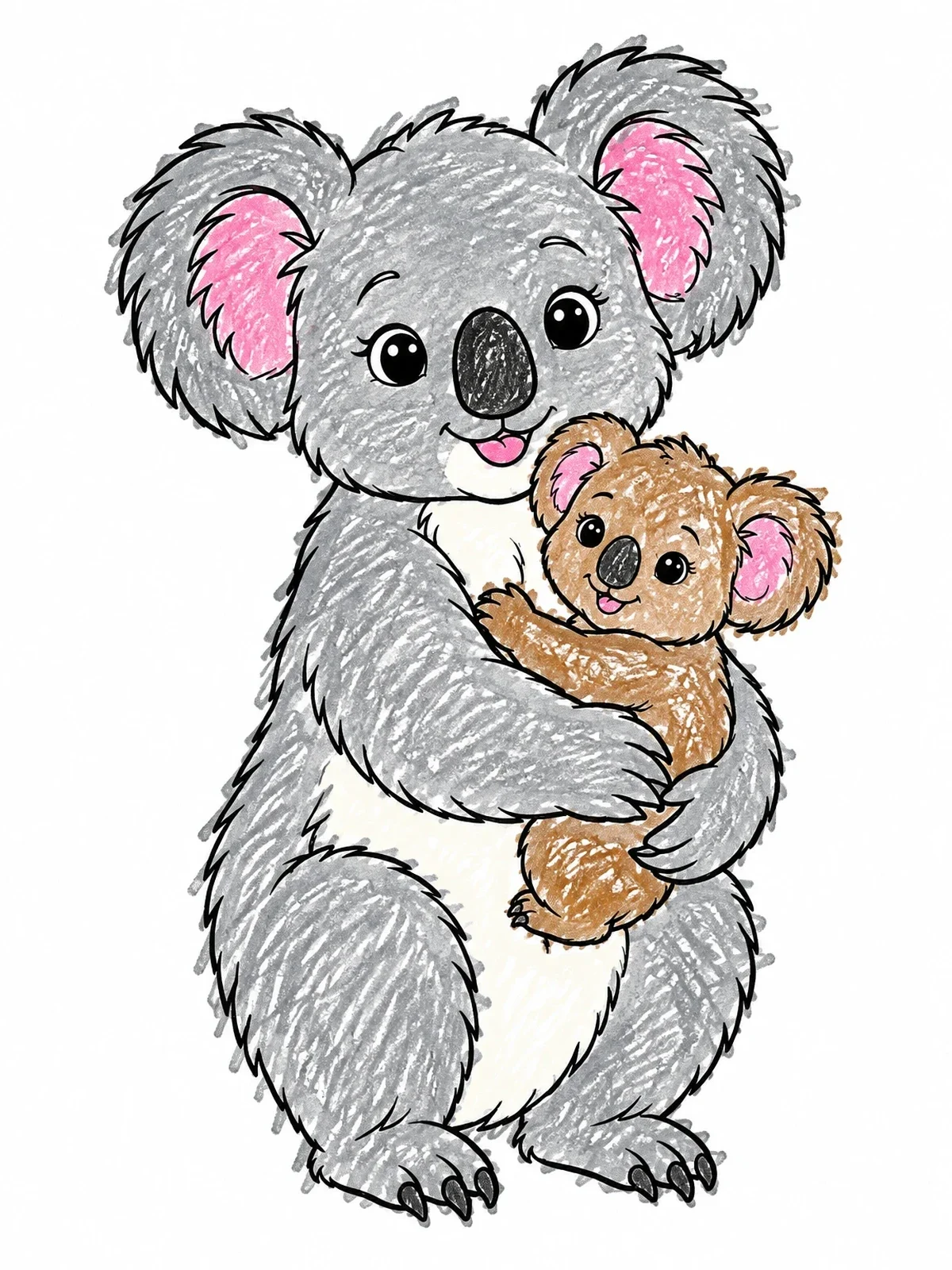 Colored example of the Mother Koala Cuddling Joey coloring page