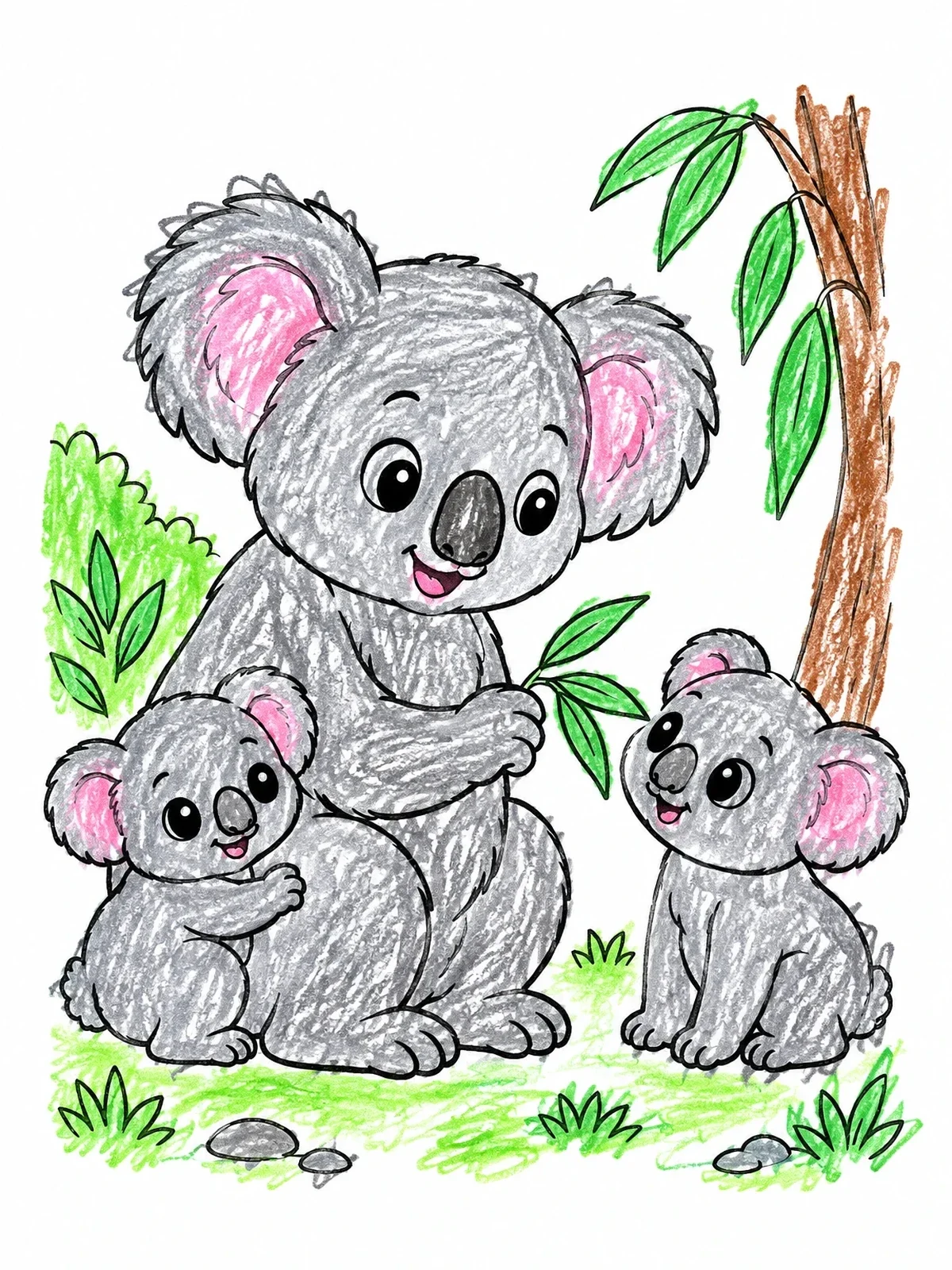 Colored example of the Mother Koala With Two Joeys coloring page