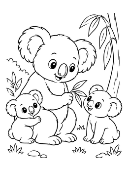 A friendly mother and her babies in this koala coloring page.