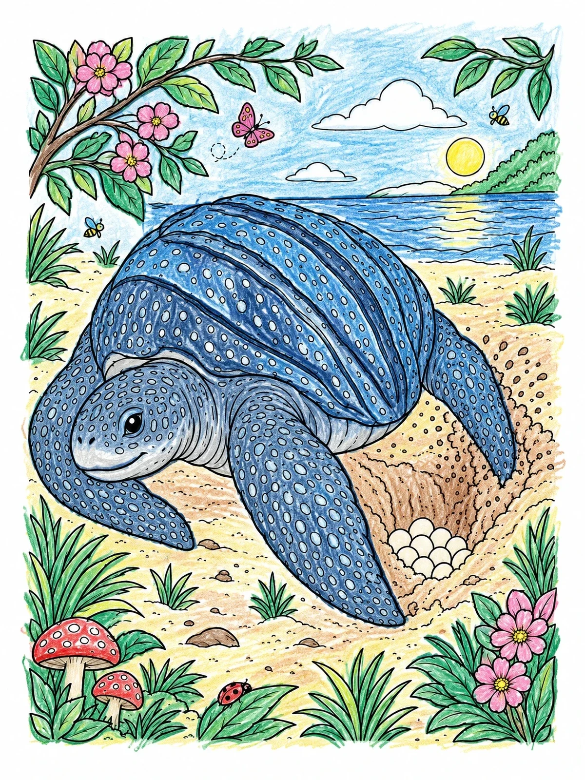 Colored example of the Mother Leatherback Sea Turtle Nesting coloring page