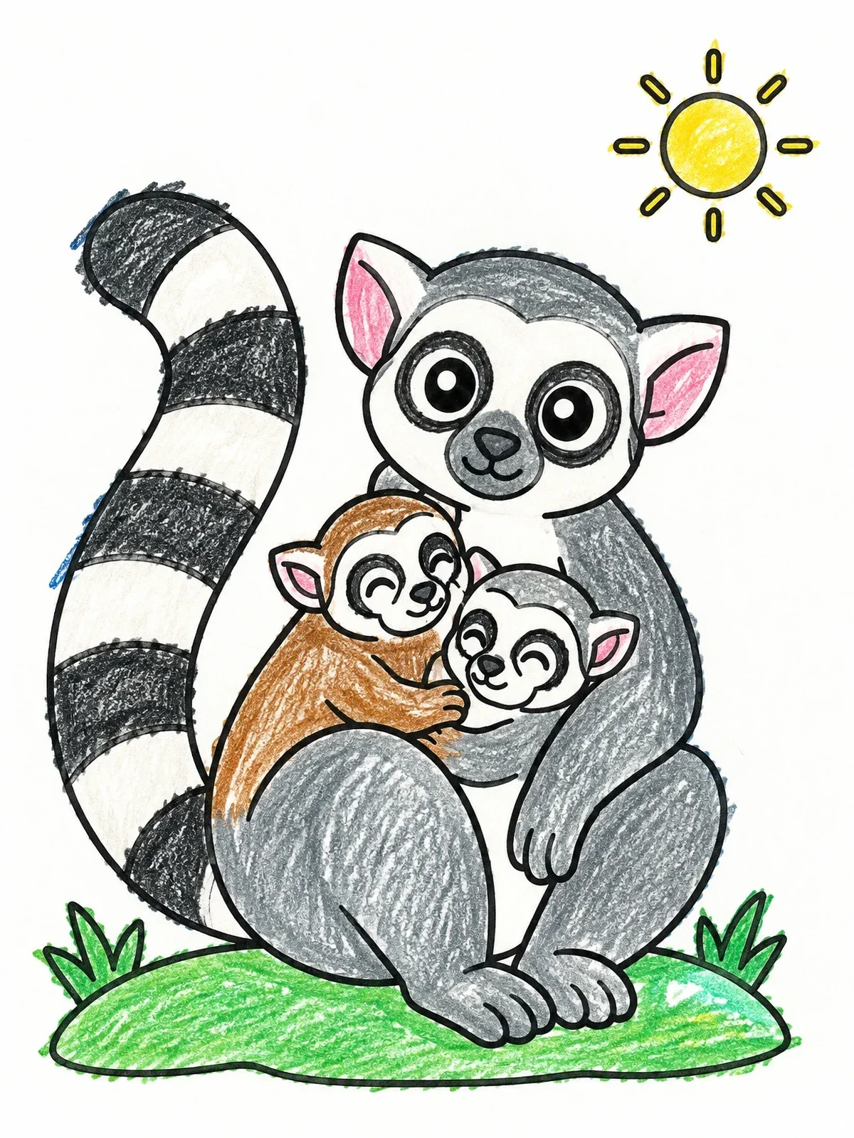 Colored example of the Lemur Mother With Two Babies coloring page