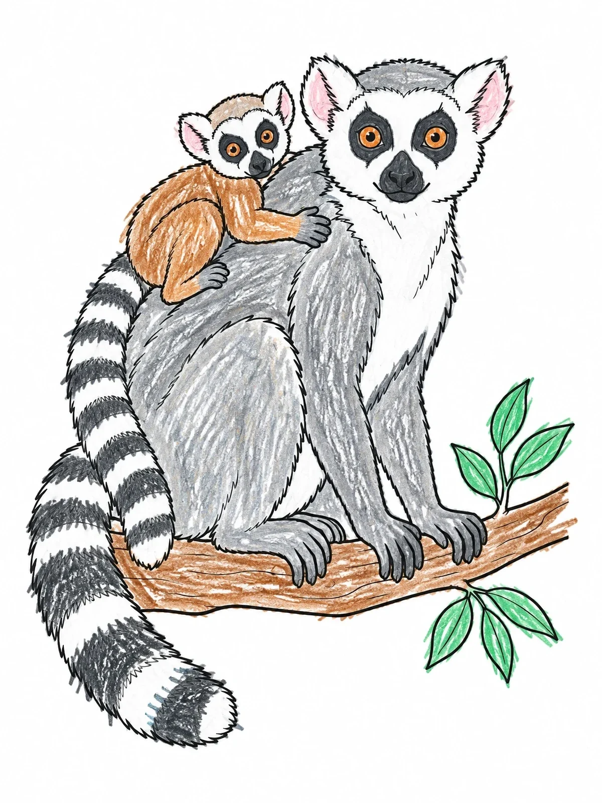 Colored example of the Lemur Mother With Baby On Branch coloring page