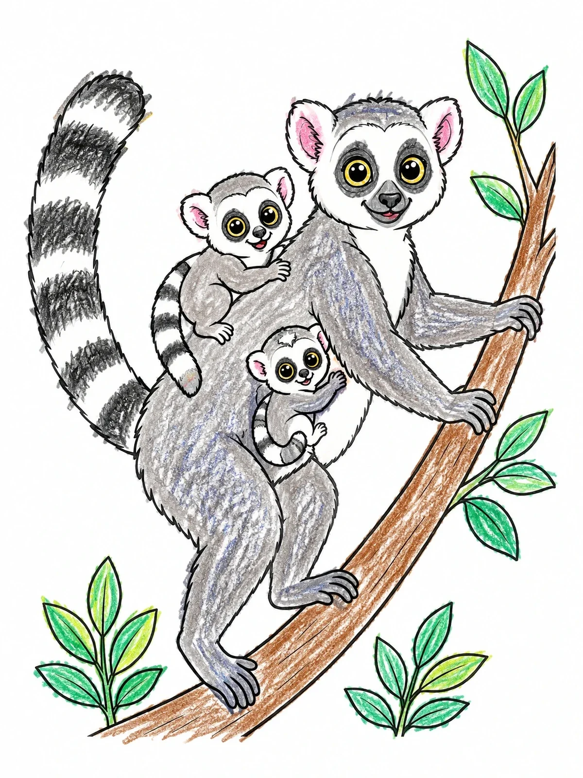 Colored example of the Mother Lemur With Two Babies On Branch coloring page