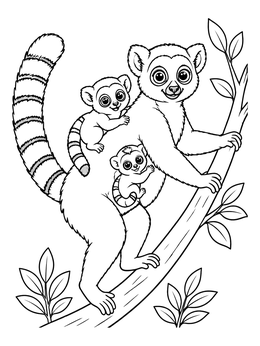 Free printable Mother Lemur With Two Babies On Branch coloring page