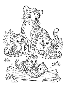 Free printable Mother Leopard With Playful Cubs coloring page