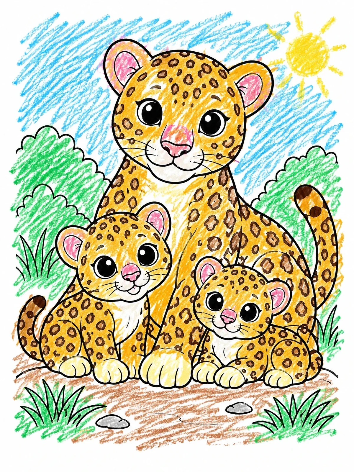 Colored example of the Mother Leopard With Two Cubs coloring page