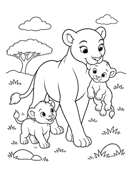 A lion coloring page showing a mother lioness gently carrying one cub while another walks alongside.