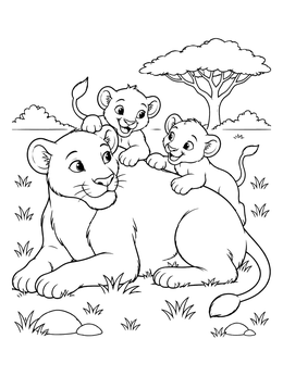 Free printable Mother Lioness With Playful Cubs coloring page