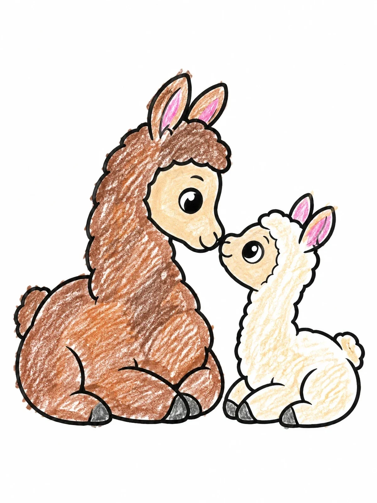 Colored example of the Mother Llama And Baby Cria Resting coloring page