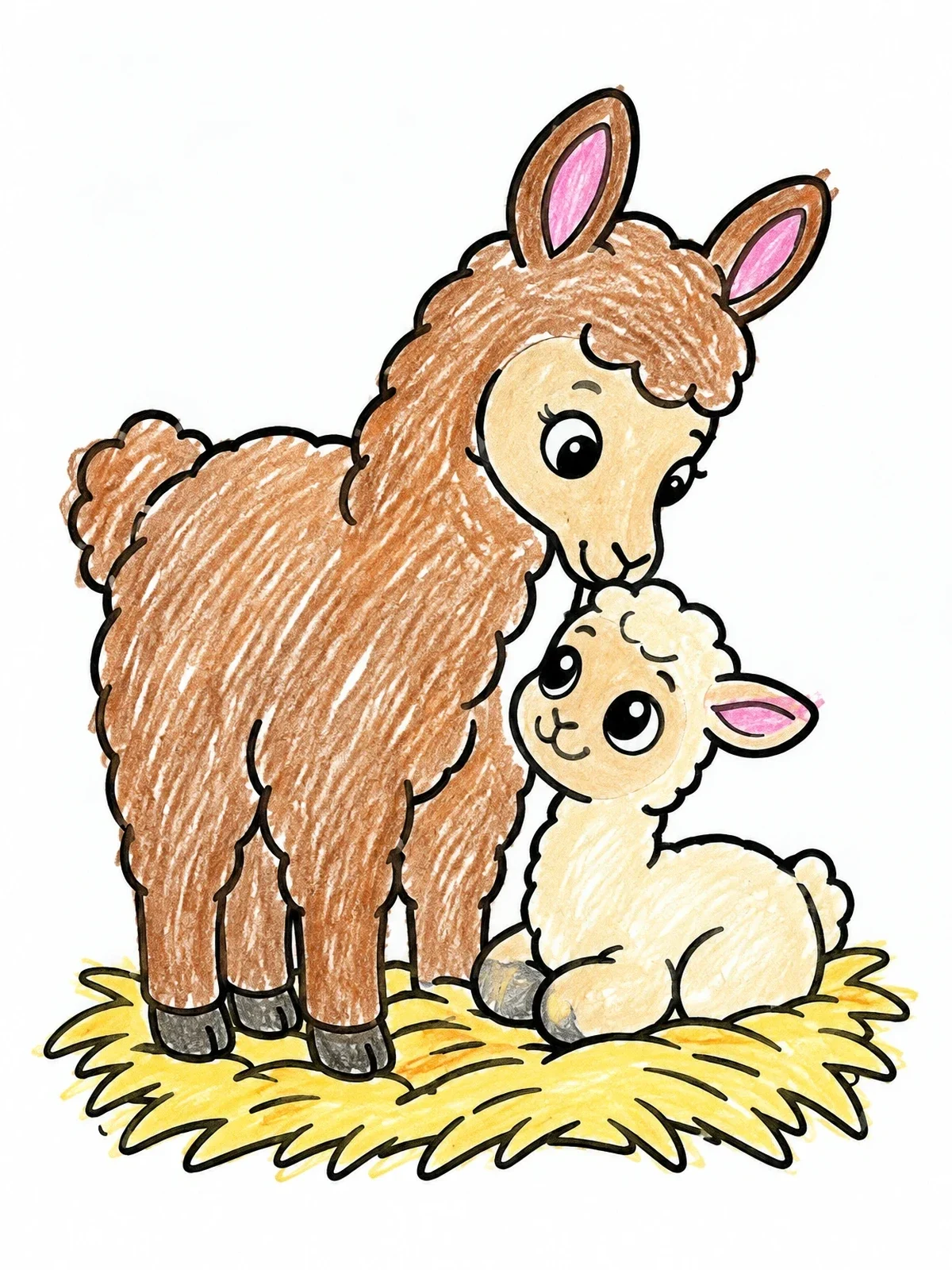 Colored example of the Mother Llama With Her Baby Cria coloring page