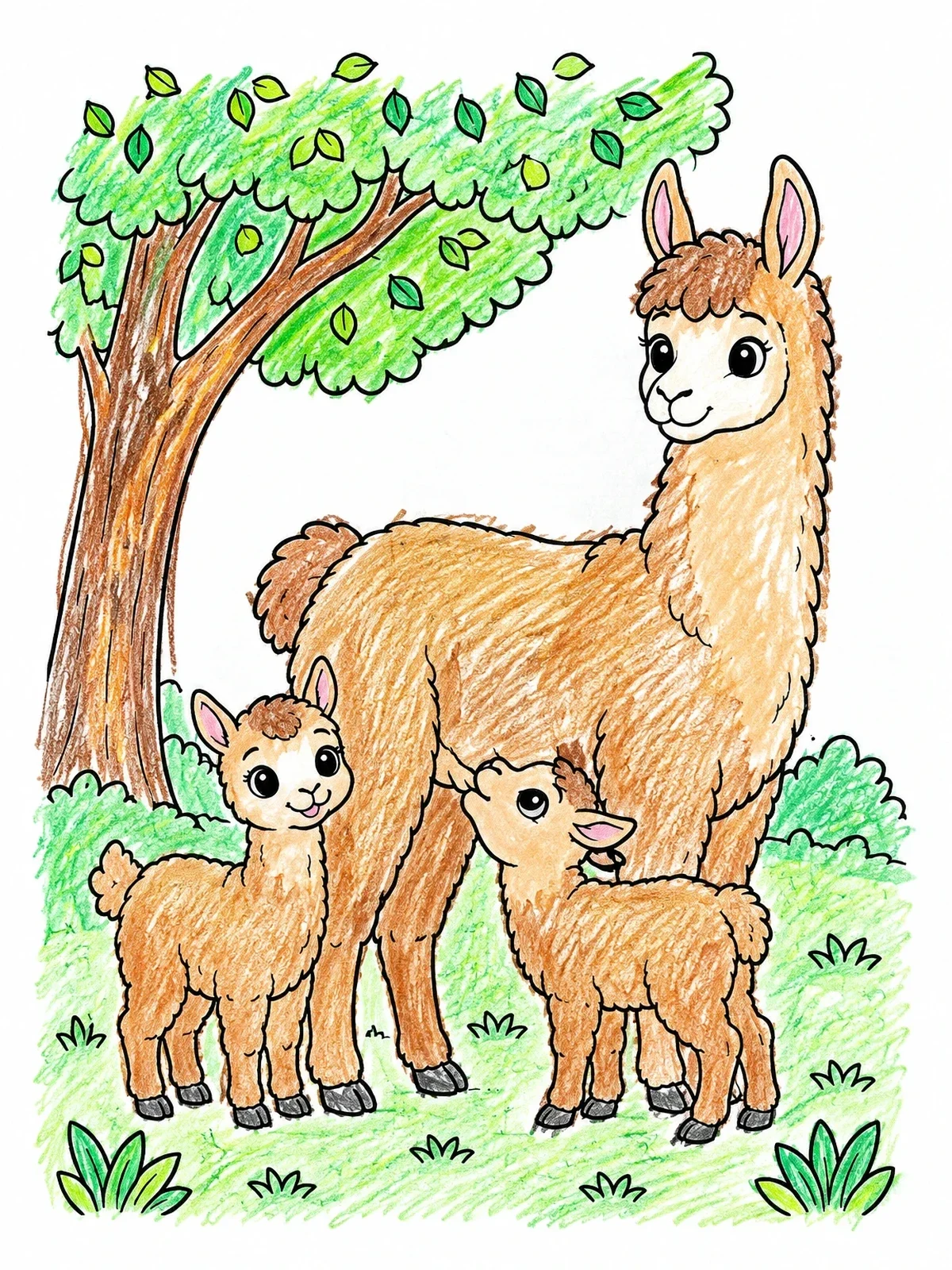 Colored example of the Mother Llama With Cute Baby Crias coloring page