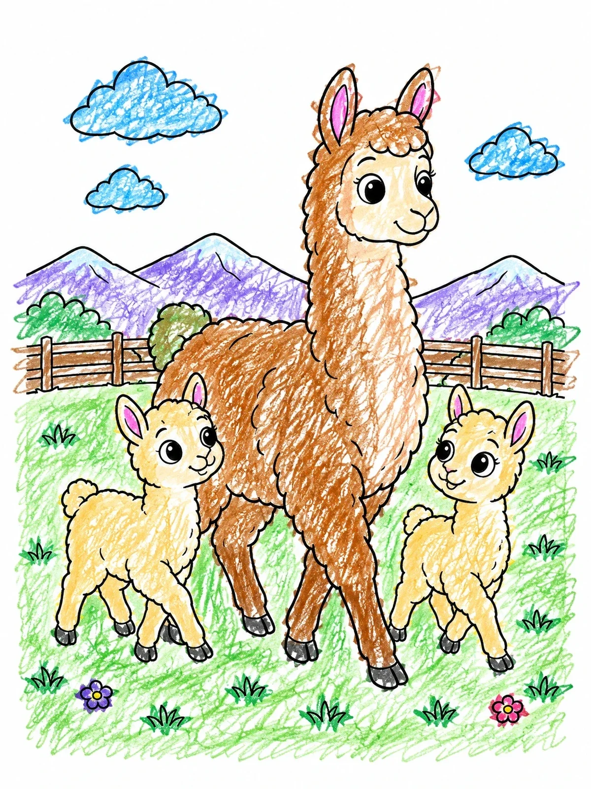 Colored example of the Mother Llama With Fluffy Crias coloring page
